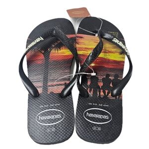 Havaianas Hype Massaguacu Beach Sunset Graphic Flip Flops Black Sz 41/42 NWT